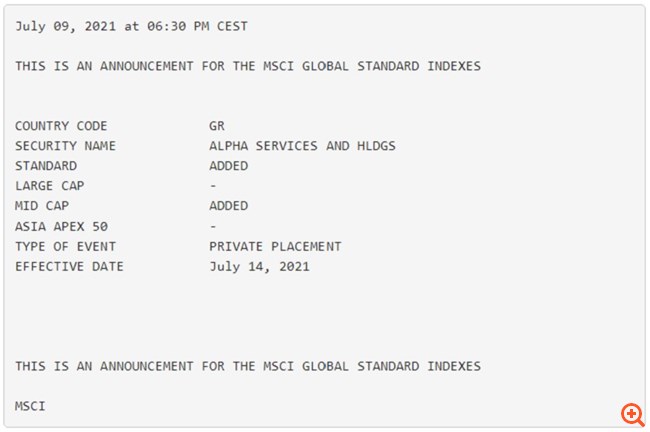 Στον Global Standard του MSCI από 14 Ιουλίου η Alpha Bank