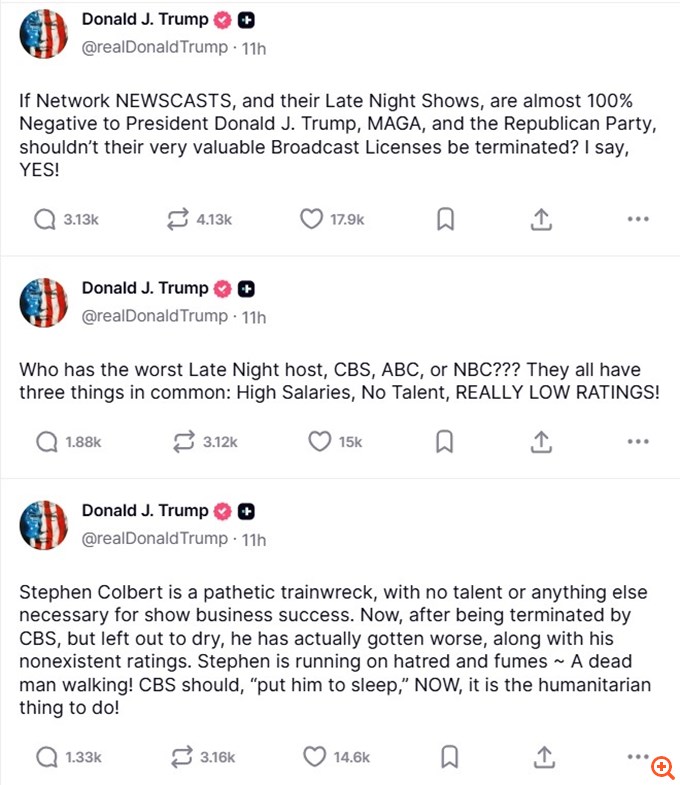 Νέα επίθεση Τραμπ κατά του κωμικού Στίβεν Κολμπέρτ: "Αξιολύπητη καταστροφή", το CBS "να τον βάλει για ύπνο"