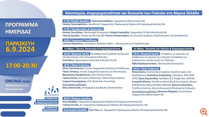 ΝΔ: Στις 6 Σεπτεμβρίου η ημερίδα "Καινοτομία, επιχειρηματικότητα και Κοινωνία των Πολιτών στη Βόρεια Ελλάδα"