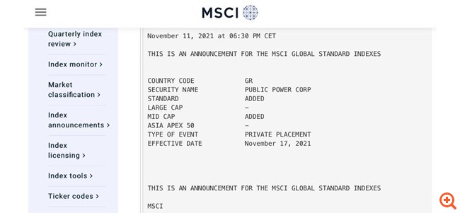 Στον MSCI Standard η ΔΕΗ, με έκτακτη ανακοίνωση από τον MSCI