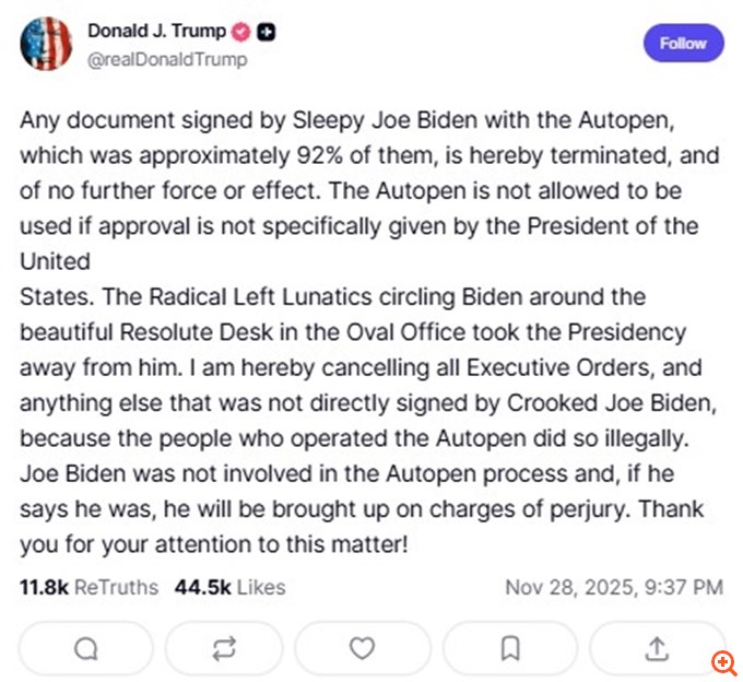 Τραμπ: Ακυρώνει όλα τα διατάγματα που υπέγραψε ο Μπάιντεν με "autopen"