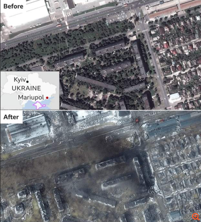 Το ίδιο σημείο της Μαριούπολης, πριν και μετά τον βομβαρδισμό