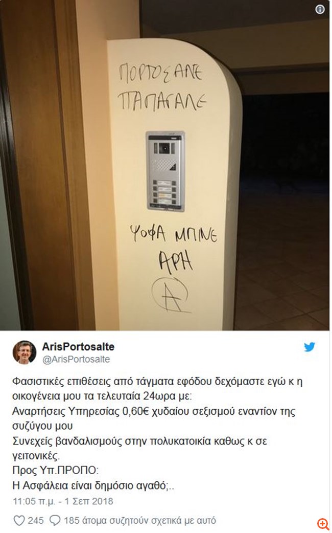 Επίθεση αγνώστων στην οικία του Α. Πορτοσάλτε