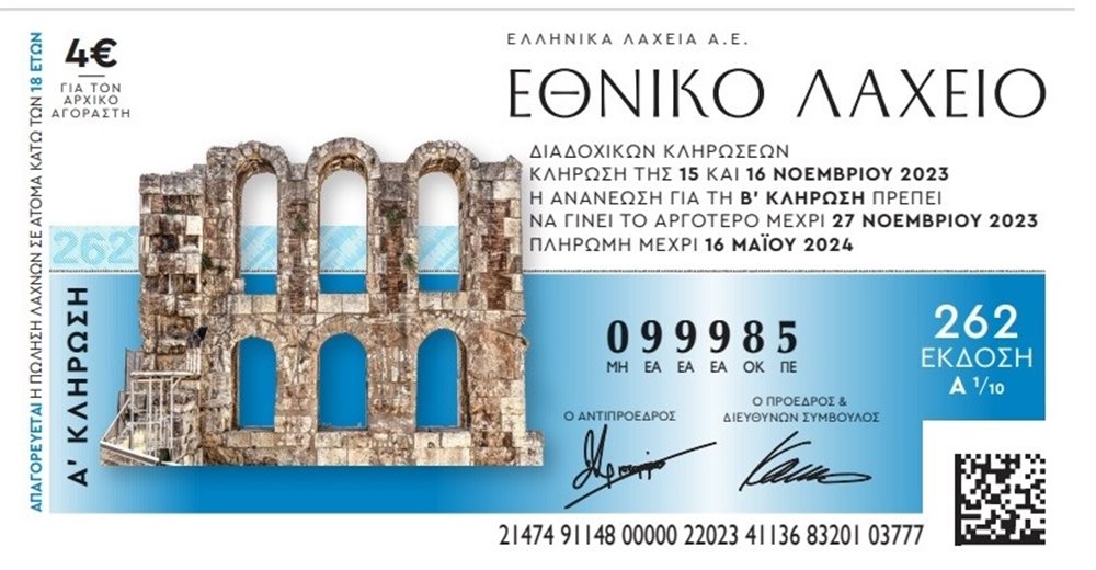 Στις 15 Νοεμβρίου ξεκινούν οι κληρώσεις της 262ης έκδοσης του Εθνικού Λαχείου