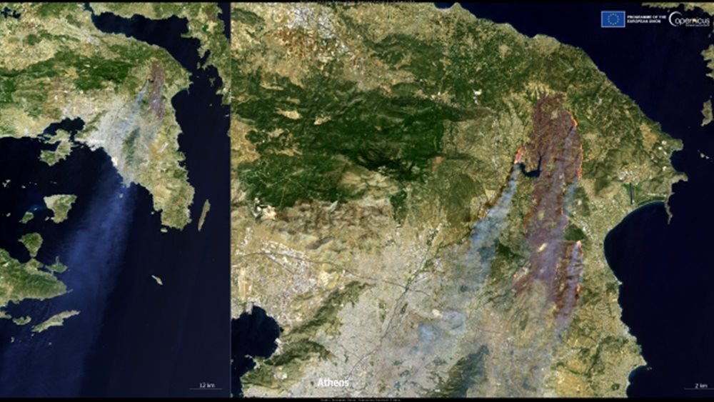 Copernicus: Tουλάχιστον 100.000 στρέμματα έχει κάψει η φωτιά στην Αττική