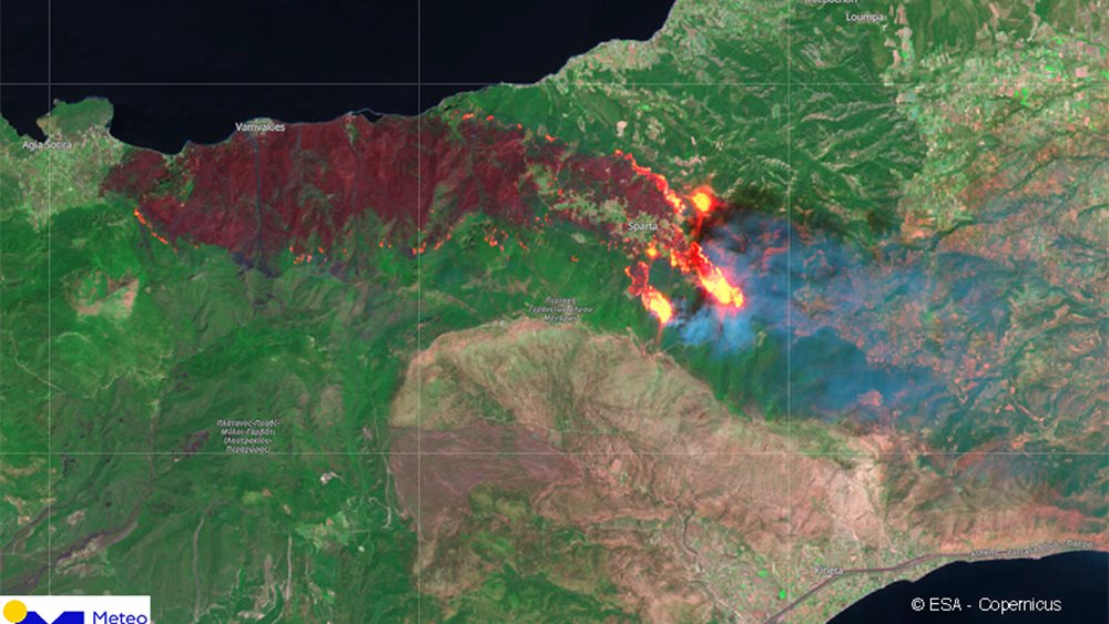 Ο δορυφόρος Sentinel-2 φωτογράφισε τη μεγάλη πυρκαγιά στην Κορινθία